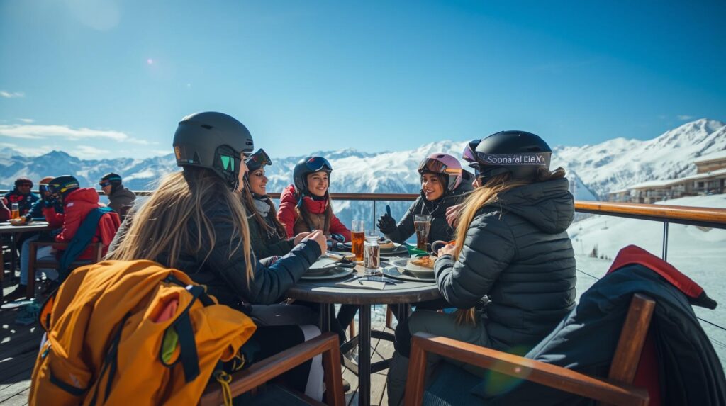 Groupe d'amies en terrasse en altitude au ski Groupe d'amies en terrasse en altitude au ski