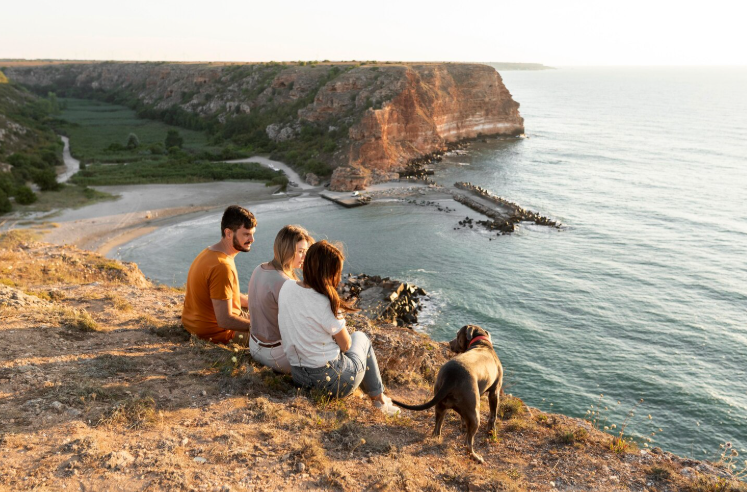 Famille avec leur chien observant la mer vue d'en haut