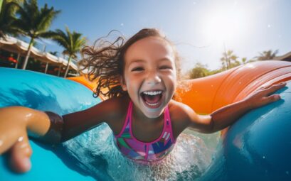 Fille regardant la caméra dans un parc aquatique - club de vacances
