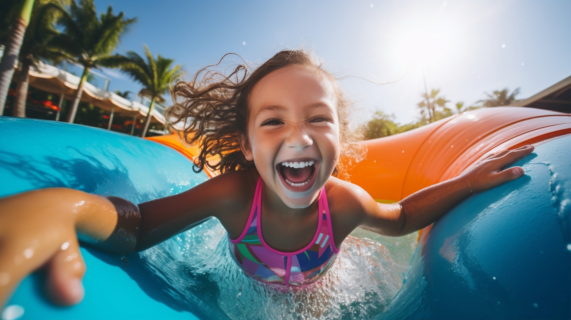 Fille regardant la caméra dans un parc aquatique - club de vacances