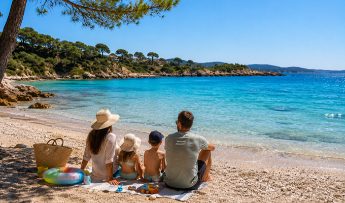 Famille profitant d'une plage calme en Méditerranée, idéale pour des vacances d'été loin des plages bondées.