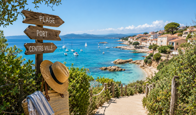 Vue panoramique d'une station balnéaire française avec plage, mer turquoise et maisons en bord de côte.