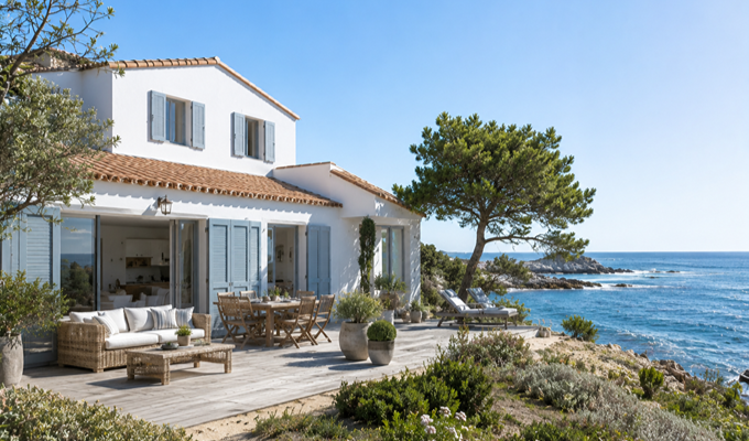 Maison de vacances avec terrasse face à la mer sur le littoral français sous un ciel ensoleillé.