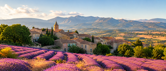 Panorama du plateau de Valensole avec des champs de lavande en fleurs, un village provençal et les montagnes en arrière-plan, évoquant les paysages de Toscane.