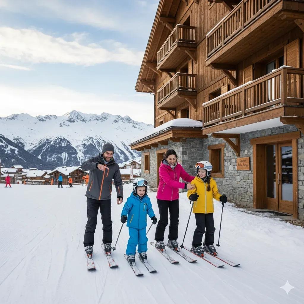 Famille avec enfants devant un chalet au ski