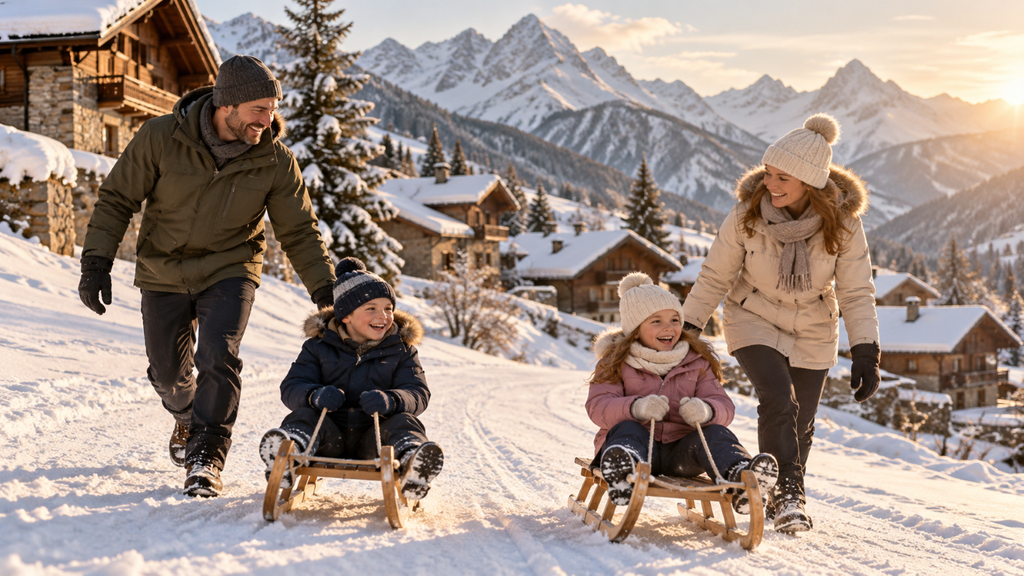 Famille avec enfants qui font de la luge au ski