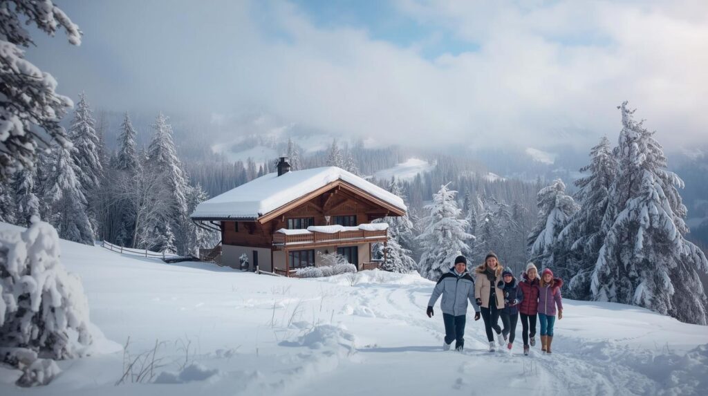 chalet au loin sous la neige famille