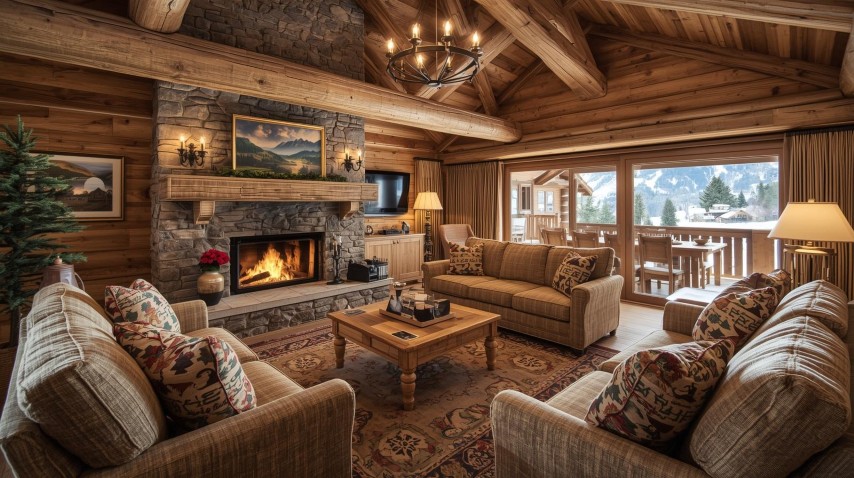 chalet ski Ambiance authentique, cheminée, mobilier en bois, décoration montagnarde chalet ski Ambiance authentique, cheminée, mobilier en bois, décoration montagnarde