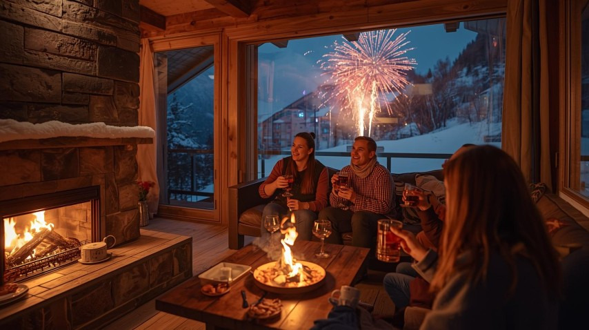 Amis se retrouvant devant un feu de cheminée dans un chalet avec feux d'artifices derrière