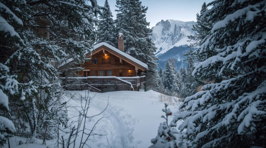 chalet sous la neige autour de sapins enneigés