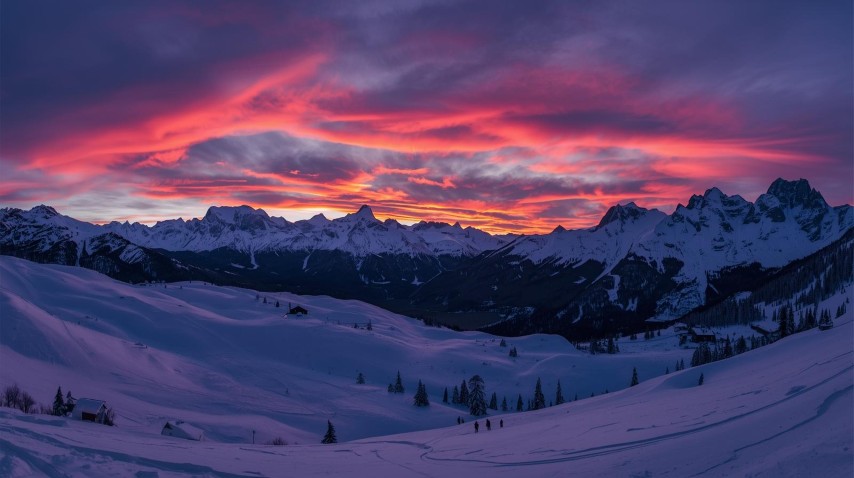 Coucher de soleil spectaculaire sur la vallée au ski